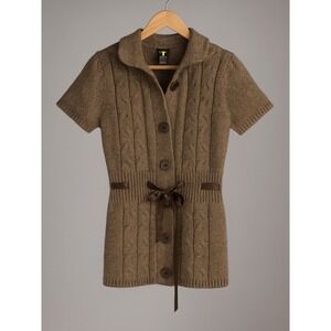 Y2K Vintage Maurices sz XL Brown Chunky Cable Knit Button Ribbon Belted Sweater